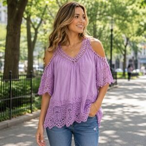 Oliver by Escio Womens Purple Crochet Lace Cold Shoulder Blouse Top Small